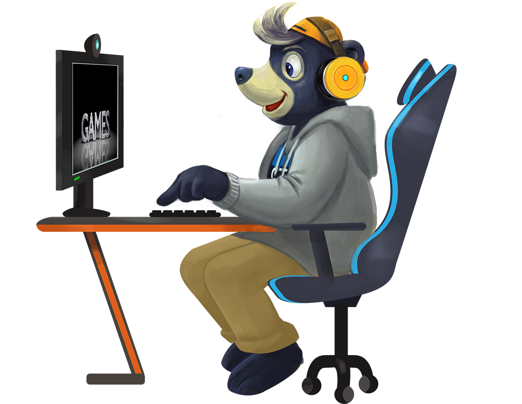 Illustration of Vint CyBear playing computer games at a desk