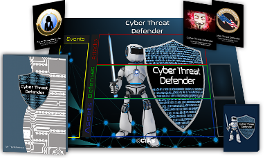 Compilation of a Cyber Threat Defender set, including starter deck, game mat, rulebook and booster packs