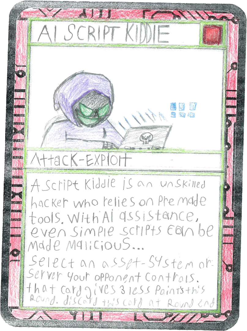 Original student design for AI Script Kiddie attack card for Cyber Threat Defender Card Design Contest