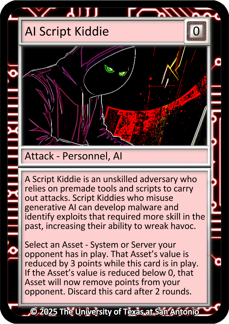 Final artwork design for AI Script Kiddie attack card for Cyber Threat Defender Card Design Contest
