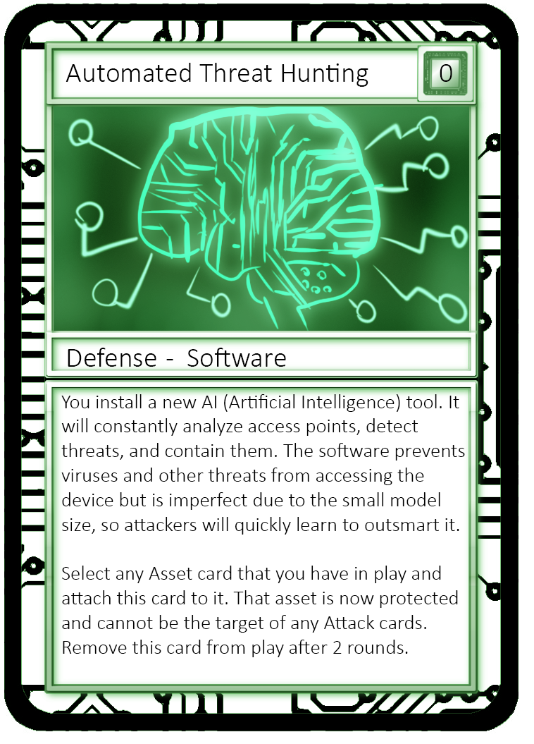 Original student design of Automated Threat Hunter defense card for Cyber Threat Defender Card Design Contest